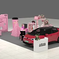 Pink Art Installation For Shanghai Volkswagen Exhibition Booth With Floral Decorations And Red Car