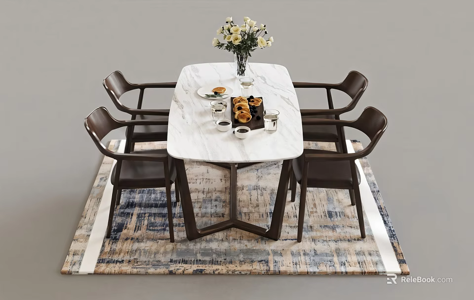 Elegant Dining Table Set With Marble Top Dark Chairs And Flower Vase On Rug 3d model 