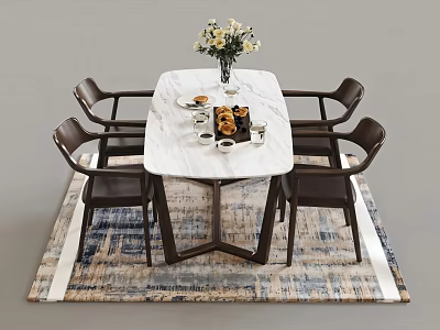Elegant Dining Table Set With Marble Top Dark Chairs And Flower Vase On Rug 3d model