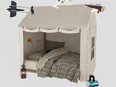 Tent Shaped Kids Bed with Plaid Quilt Pillows Hanging Toy Planes and Books 3d model