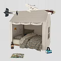 Tent Shaped Kids Bed with Plaid Quilt Pillows Hanging Toy Planes and Books