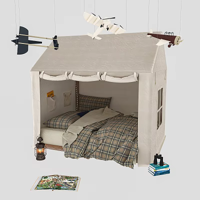 Tent Shaped Kids Bed with Plaid Quilt Pillows Hanging Toy Planes and Books 3d model