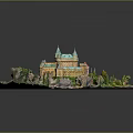 Elaborate Castle Architecture Model With Lush Green Trees Scenic Lake And Winding Path