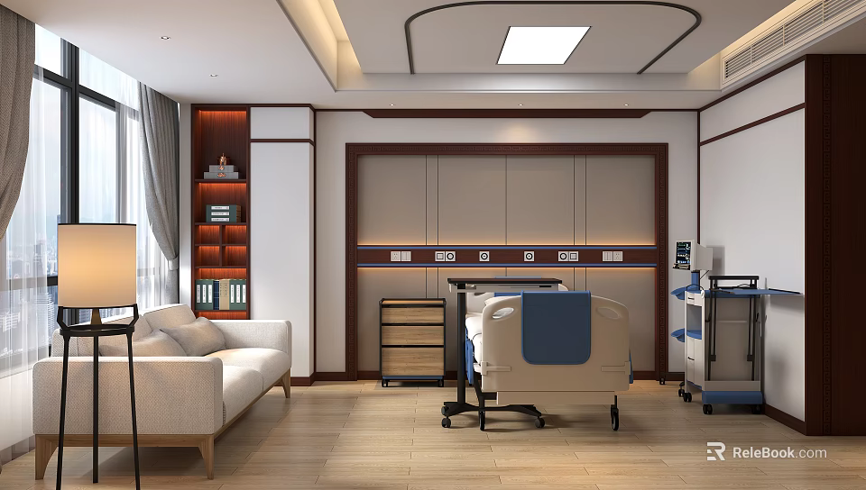 Elegant Modern Hospital Ward Interior With Medical Bed Sofa Shelves And White Wooden Tones 3d model 