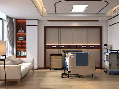 Elegant Modern Hospital Ward Interior With Medical Bed Sofa Shelves And White Wooden Tones 3d model