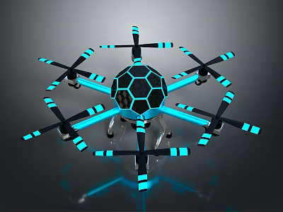 Futuristic Drone Model with Multiple Propellers Blue Glowing Strips and Hexagonal Main Body 3d model