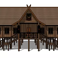 Wooden House Exterior With Gabled Roof Large Windows Balcony And Staircase