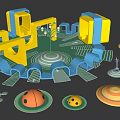 Colorful Kids Play Area With Yellow Blue Structures Green Ground And Ladybug Shapes