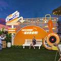 Summer Sunset Photo Check-in Spot with Orange Backdrop Bench Straw Umbrella and Neon Decorations