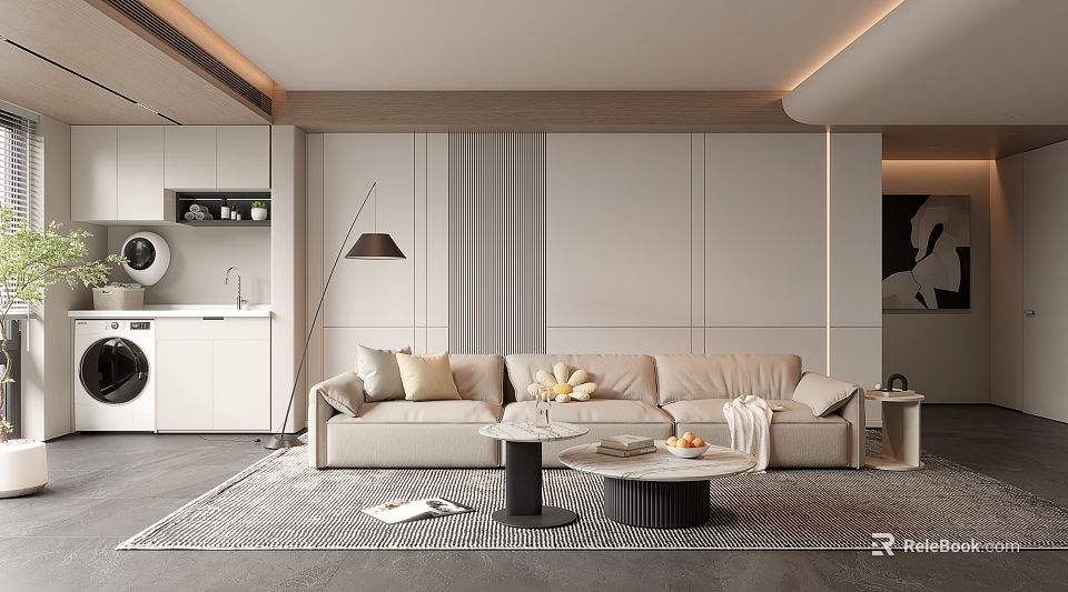 Modern Living Room Interior Design With Beige Sofa Coffee Tables Floor Lamp And Rug 3d model 