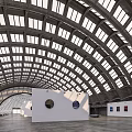 Modern Open Exhibition Hall with Arched Glass Roof White Walls and Displayed Artworks