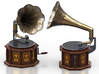 Vintage Gramophones Musical Instruments With Wooden Base Golden Horn And Decorative Art Details 3d model