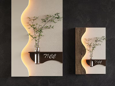 Modern Wall Decor with Green Plant Lighting Light Dark Panels Vase and Tree Inscription 3d model