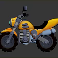 Yellow toy motorcycle with black seat green headlight and metallic parts on reflective surface