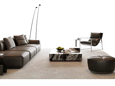 Modern Brown Leather Sofa With Marble Coffee Table And Accent Chair Floor Lamp Ottoman 3d model