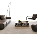 Modern Brown Leather Sofa With Marble Coffee Table And Accent Chair Floor Lamp Ottoman