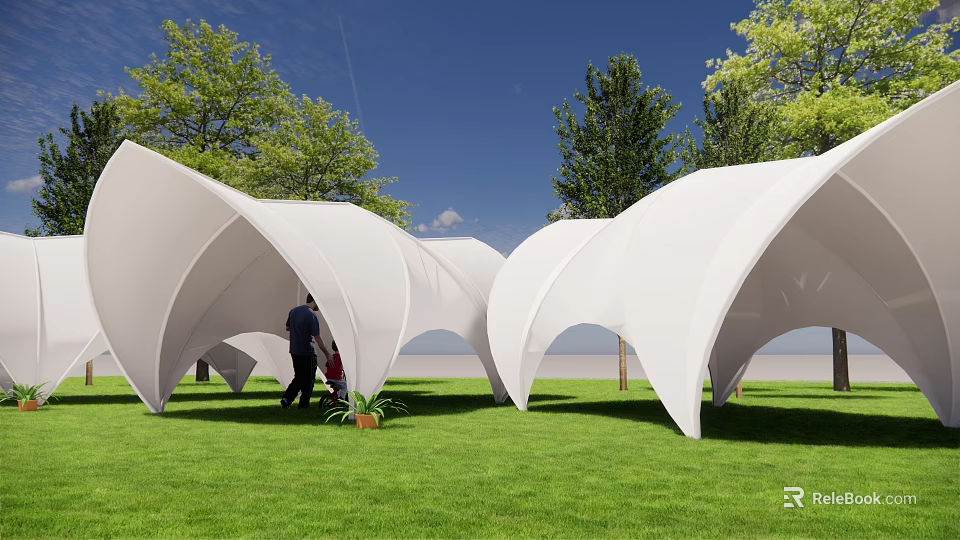 White Curved Tents in Green Grass Field With Trees and Blue Sky 3d model 