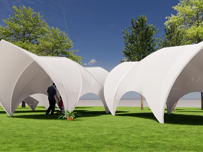 White Curved Tents in Green Grass Field With Trees and Blue Sky 3d model