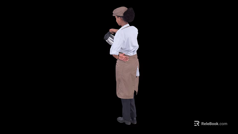 Rear View Of Woman Wearing Apron Cap And White Shirt Holding Coffee Pot 3d model 
