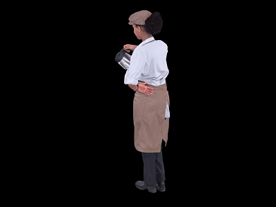 Rear View Of Woman Wearing Apron Cap And White Shirt Holding Coffee Pot 3d model