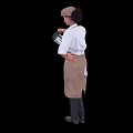 Rear View Of Woman Wearing Apron Cap And White Shirt Holding Coffee Pot