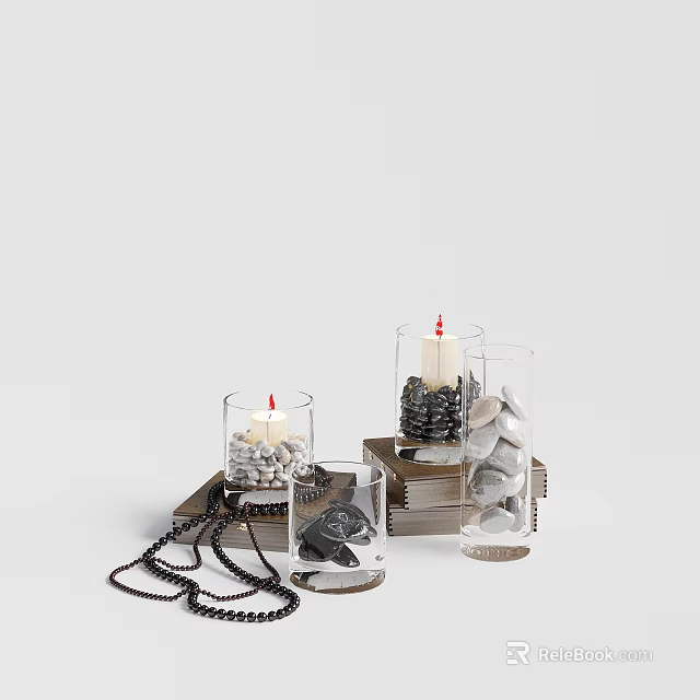 Decorative Ornament Set With Glass Vases Candles Pebbles Tray And Necklace 3d model 