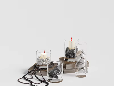 Decorative Ornament Set With Glass Vases Candles Pebbles Tray And Necklace 3d model