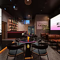 Modern Bar Interior Design With Neon Sign Brown Sofas Round Tables And Pendant Lights