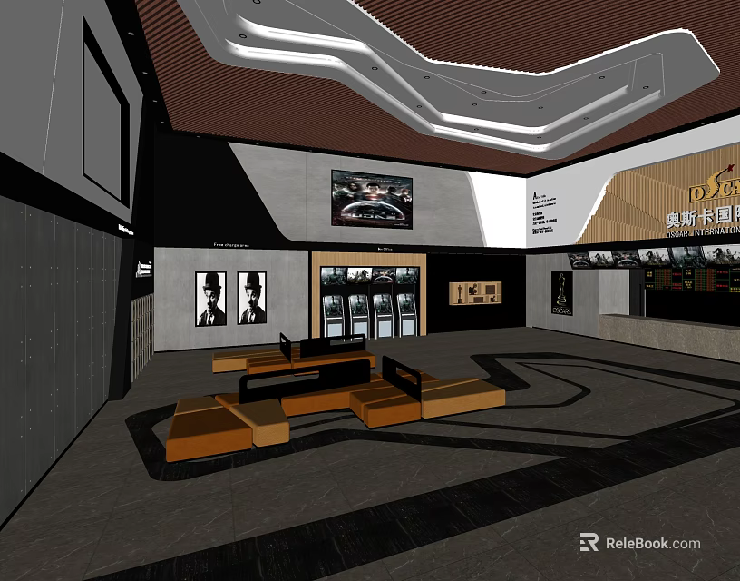 Modern Cinema Lobby With Comfortable Seating Area Poster Displays And Stylish Ceiling Design 3d model 