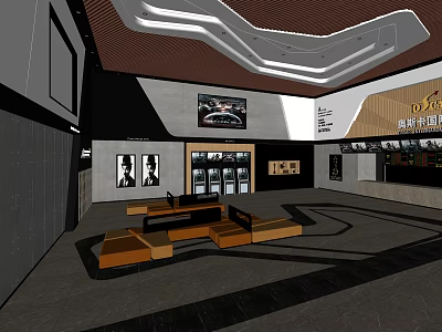 Modern Cinema Lobby With Comfortable Seating Area Poster Displays And Stylish Ceiling Design 3d model