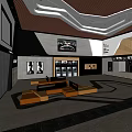 Modern Cinema Lobby With Comfortable Seating Area Poster Displays And Stylish Ceiling Design