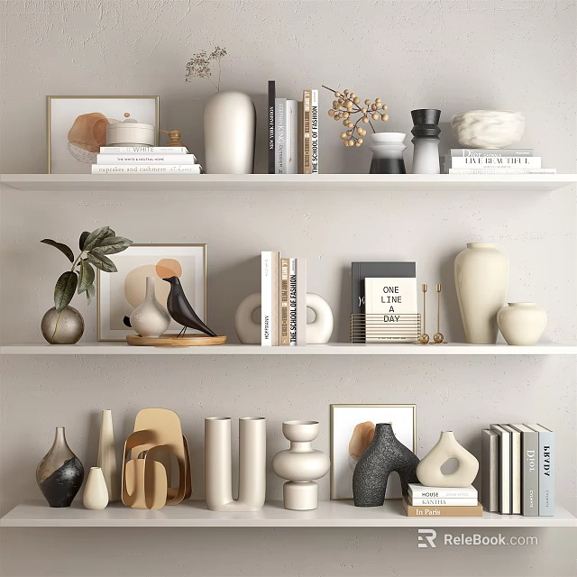 Modern Minimalist Decorative Ornament Arrangement with Vases Sculptures Books and Framed Art on Shelves 3d model 