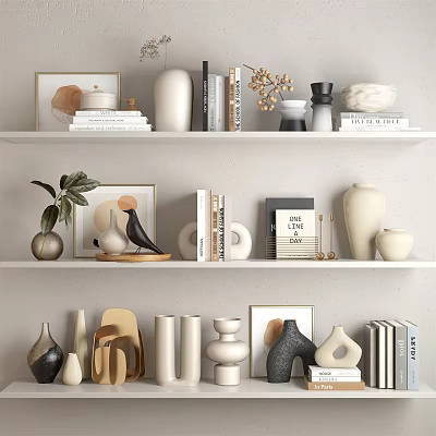 Modern Minimalist Decorative Ornament Arrangement with Vases Sculptures Books and Framed Art on Shelves 3d model