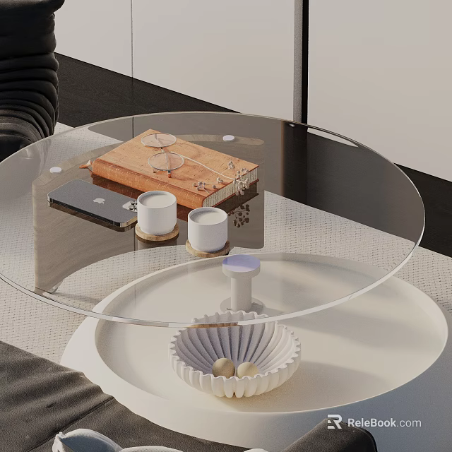 Modern Sofa Coffee Table Combination with Round Glass Top and Decorative Items in Living Room 3d model 