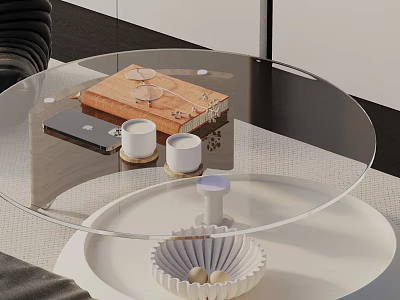 Modern Sofa Coffee Table Combination with Round Glass Top and Decorative Items in Living Room 3d model