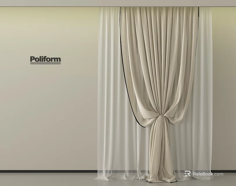 Elegant Cream Colored Poliform Curtains With Sheer Layer And Drapery Design 3d model