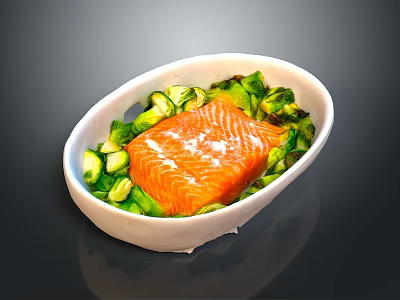 Fresh Salmon Fillet Served with Crisp Green Vegetables in White Oval Bowl 3d model