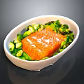 Fresh Salmon Fillet Served with Crisp Green Vegetables in White Oval Bowl