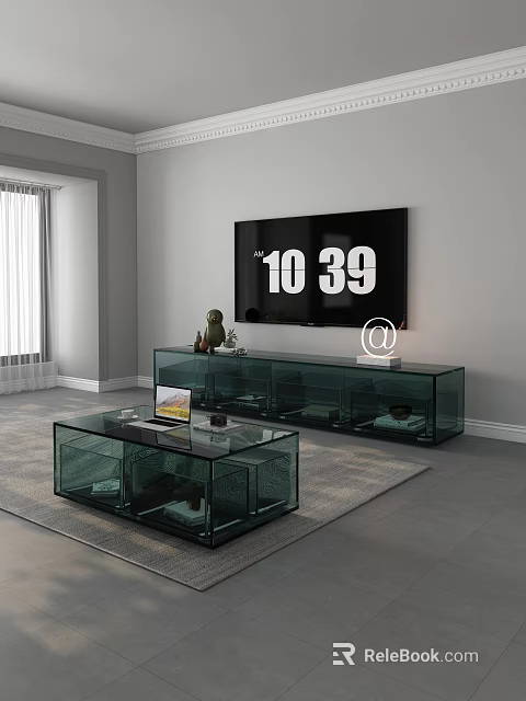 Modern Living Room Glass TV Stand With Wall Mounted TV And Glass Coffee Table 3d model 