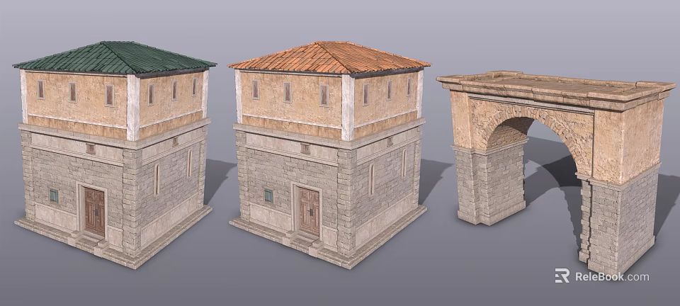 Ancient Style Building Models Featuring Green Orange Tile Roofs And Arch Structure 3d model 