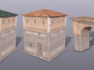 Ancient Style Building Models Featuring Green Orange Tile Roofs And Arch Structure 3d model