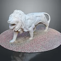 White Lion Stone Statue Standing On Circular Red Gravel Textured Base