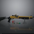 Yellow And Black Shotgun With Ammunition And Display Stand On Black Surface