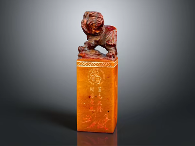 Traditional Chinese Carved Seal With Lion Top And Fu Character Inscriptions 3d model