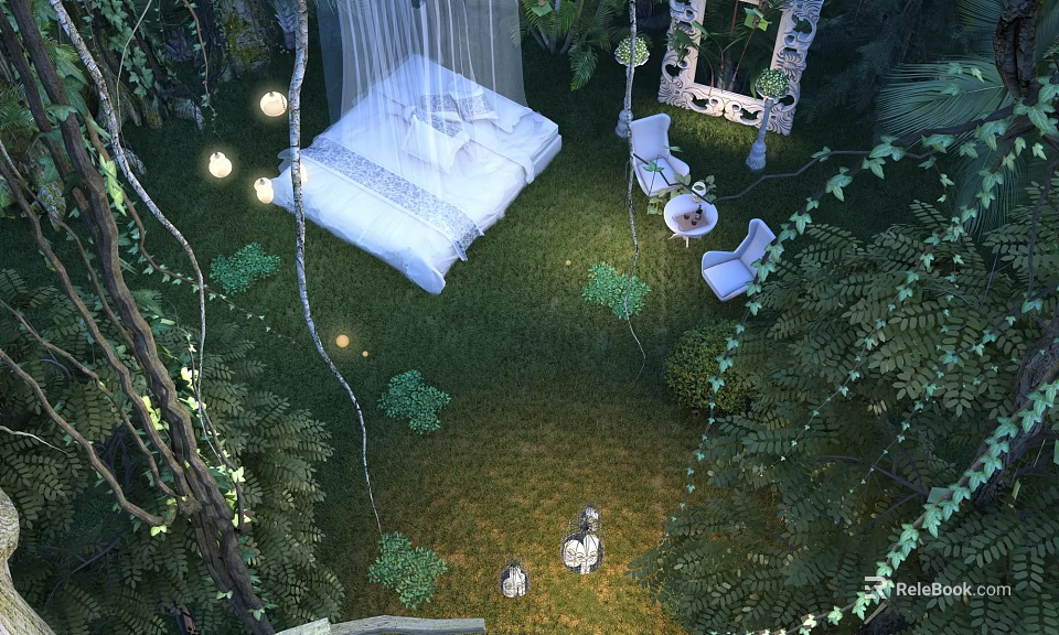 Romantic Natural Garden Landscape With White Bed Green Plants Vines Small Lights White Chairs Table 3d model 