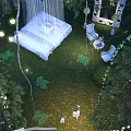 Romantic Natural Garden Landscape With White Bed Green Plants Vines Small Lights White Chairs Table