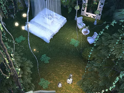 Romantic Natural Garden Landscape With White Bed Green Plants Vines Small Lights White Chairs Table 3d model