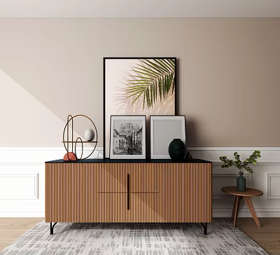 Slatted Wooden Entryway Cabinet And Side Cabinet With Wall Art Decorative Pieces And Potted Plant 3d model