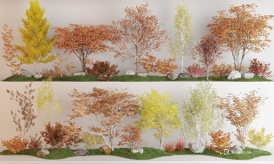 Colorful Deciduous Arbor Trees In Natural Garden With Green Grass And Stones 3d model 