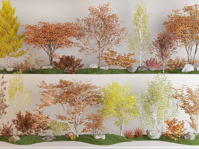 Colorful Deciduous Arbor Trees In Natural Garden With Green Grass And Stones 3d model